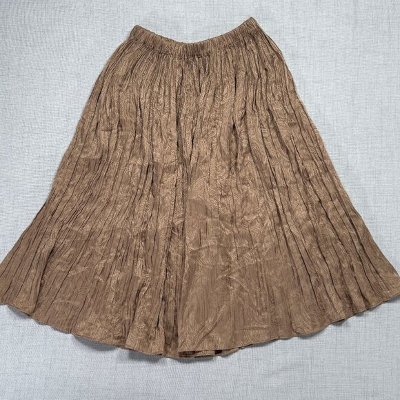 Vintage Seta Brown Pleated Silk Midi Skirt Crinkle Textured Elastic Waist Size M - Picture 1 of 7